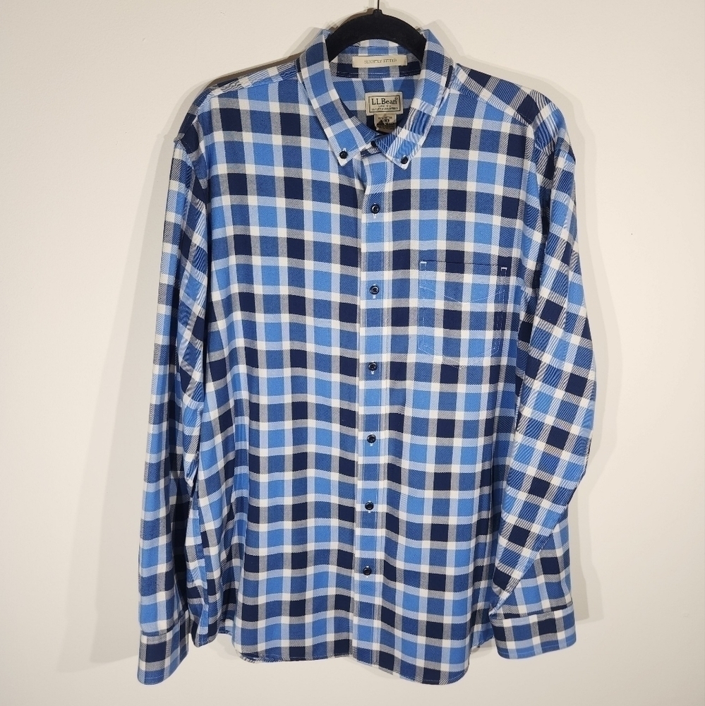 LL Bean Long Sleeve Button Down Shirt Mens Large Plaid Blue